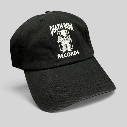 Raree Finds black cotton strapback hat with white embroidered Death Row Records electric chair logo on the front