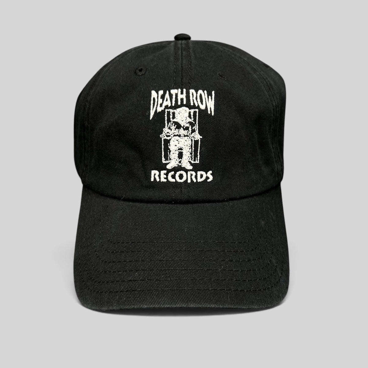 Raree Finds black cotton strapback hat featuring the white embroidered Death Row Records electric chair logo