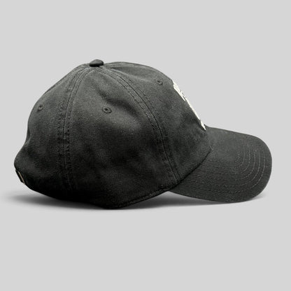 Raree Finds black cotton strapback hat with white Death Row Records electric chair logo embroidery and curved brim
