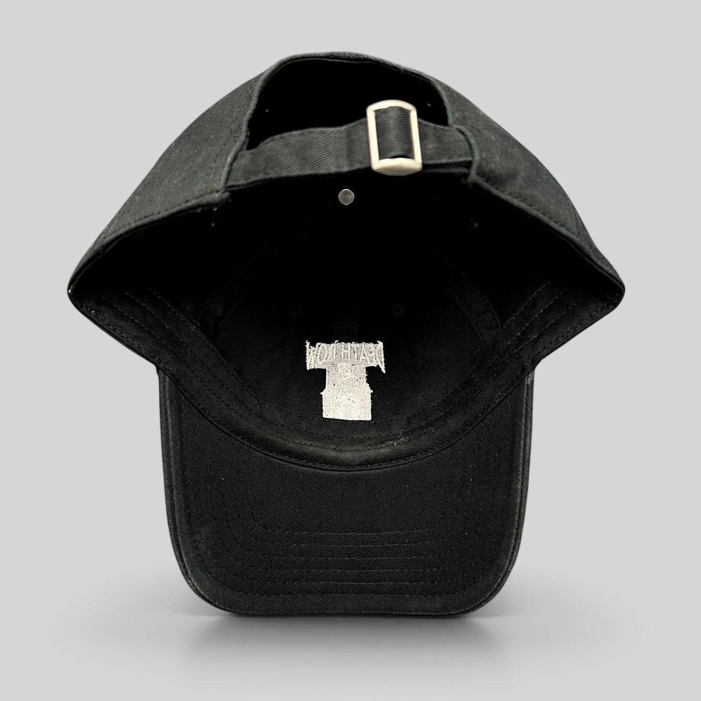 Raree Finds black cotton strapback hat featuring the Death Row Records logo embroidered on the interior crown