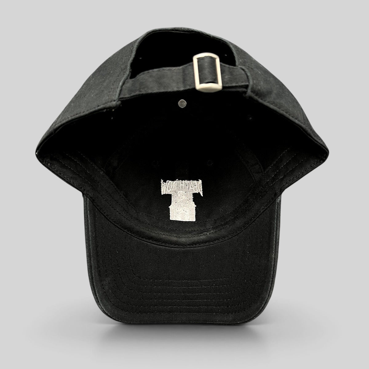 Raree Finds black cotton strapback hat featuring the Death Row Records logo embroidered on the interior crown