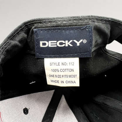 Raree Finds black cotton cap interior showing Decky brand label and style 112 tag