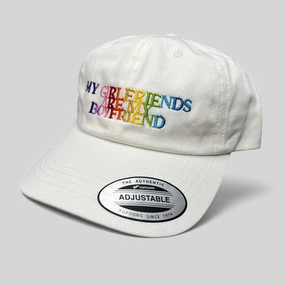 Raree Finds white Demi Lovato strapback hat with multicolor embroidered My Girlfriends Are My Boyfriend text