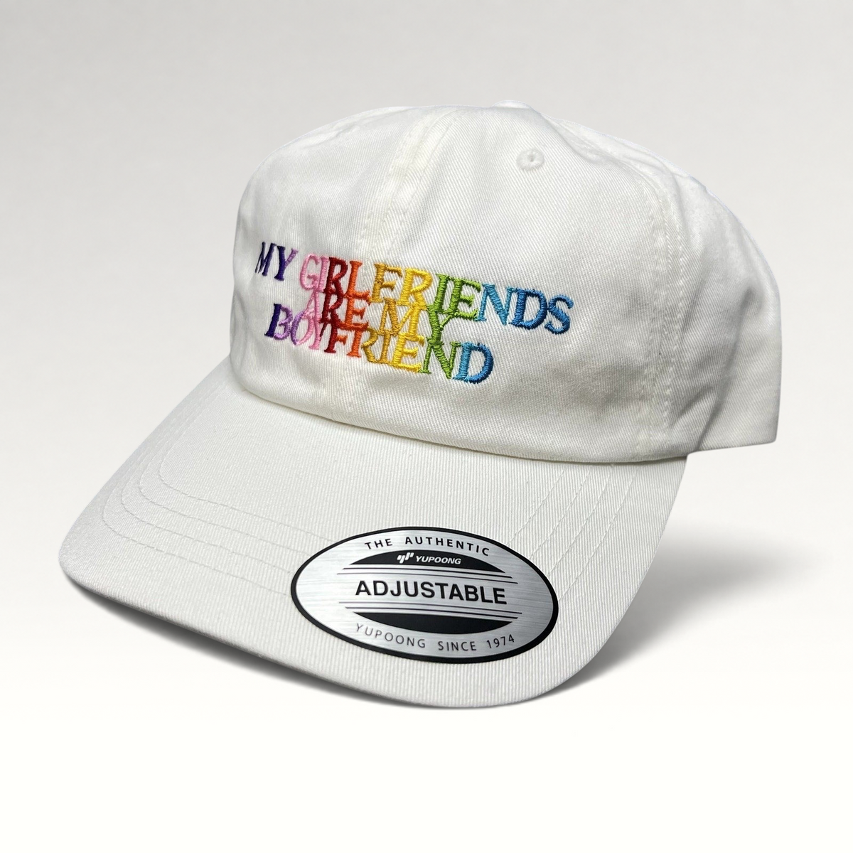 Raree Finds white Demi Lovato strapback hat with multicolor embroidered My Girlfriends Are My Boyfriend text