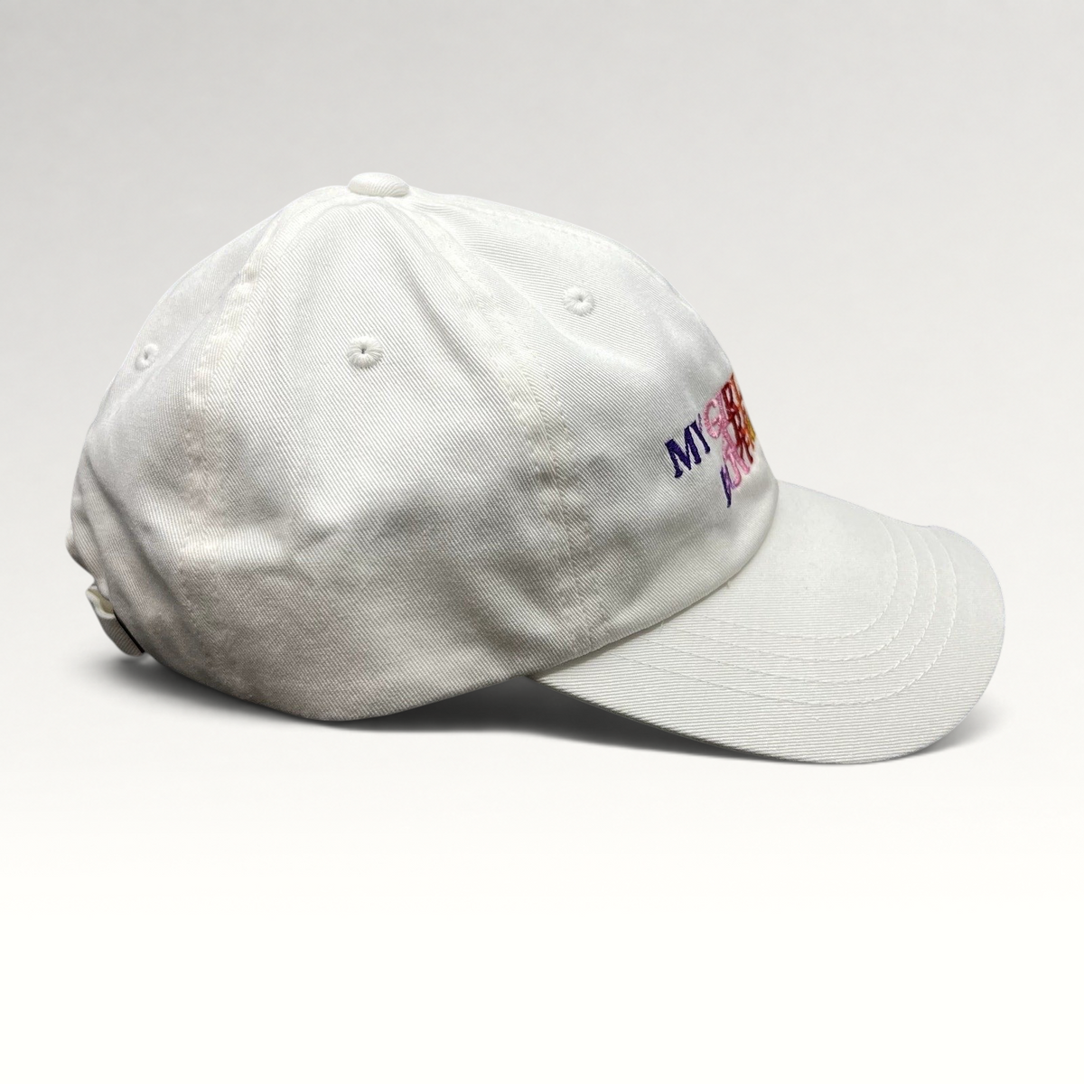 Raree Finds white Demi Lovato strapback hat with multicolor My Girlfriends Are My Boyfriend embroidery on side view