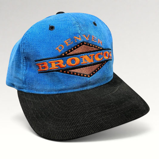 Raree Finds vintage Denver Broncos Starter corduroy strapback hat with blue crown and black brim.