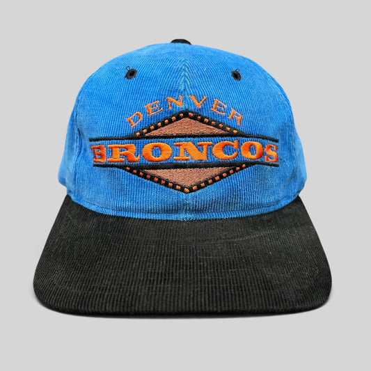 Raree Finds vintage Denver Broncos Starter corduroy strapback hat with blue crown and black brim.