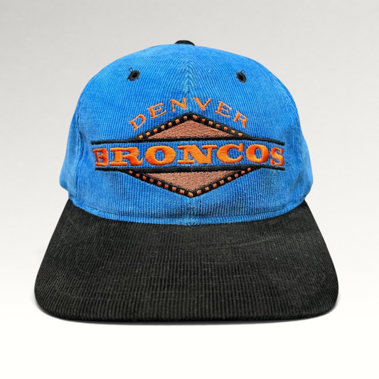 Raree Finds vintage Denver Broncos Starter corduroy strapback hat with blue crown and black brim.