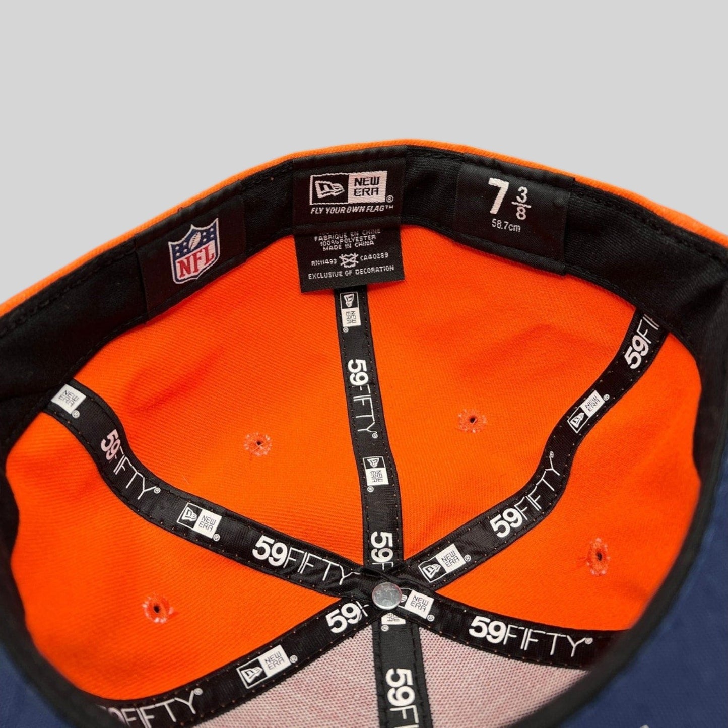 Raree Finds New Era Denver Broncos 59FIFTY fitted hat interior showing size 7 3/8 label and branded taping