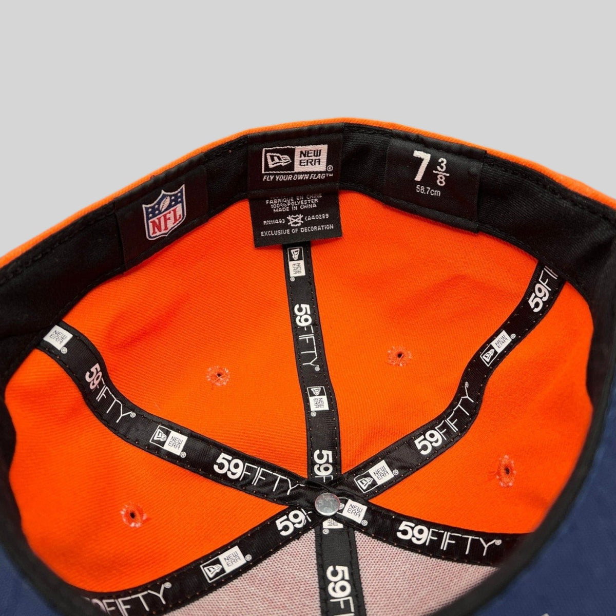 Raree Finds New Era Denver Broncos 59FIFTY fitted hat interior showing size 7 3/8 label and branded taping