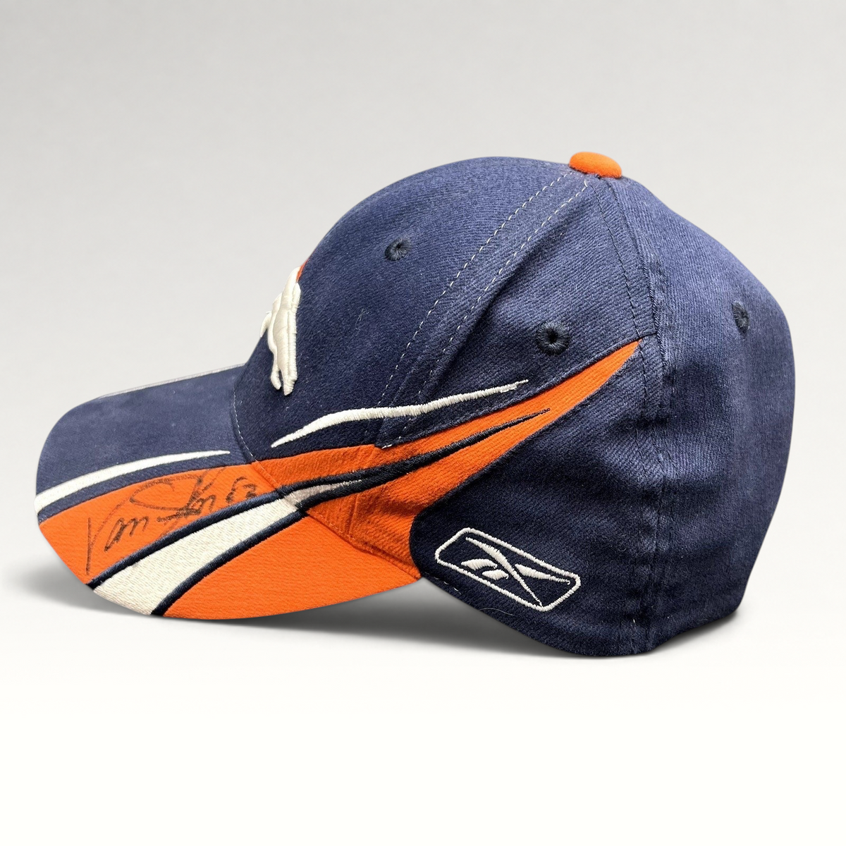 Raree Finds vintage Reebok Denver Broncos sideline hat in navy and orange with Vance Johnson autograph on the brim