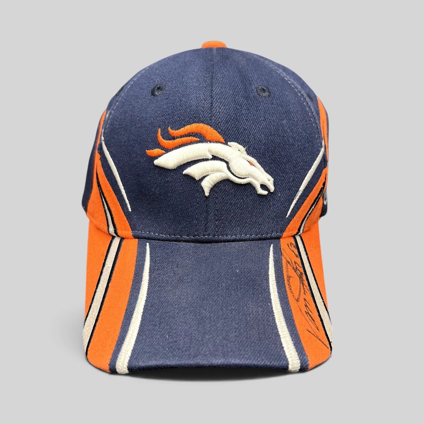 Raree Finds Denver Broncos Reebok sideline hat in navy and orange with Vance Johnson autograph on the brim