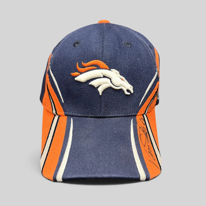 Raree Finds Denver Broncos Reebok sideline hat in navy and orange with Vance Johnson autograph on the brim