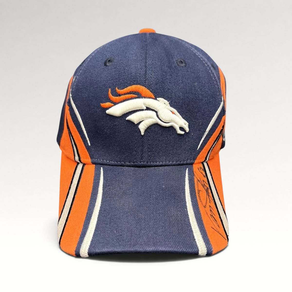 Raree Finds Denver Broncos Reebok sideline hat in navy and orange with Vance Johnson autograph on the brim
