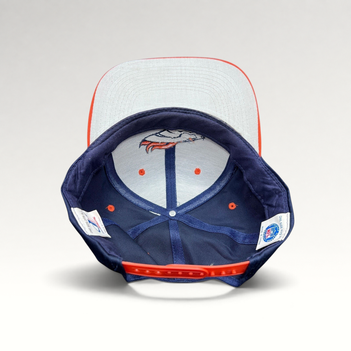 Raree Finds vintage Denver Broncos Logo Athletic snapback hat interior showing NFL tag and embroidered team logo