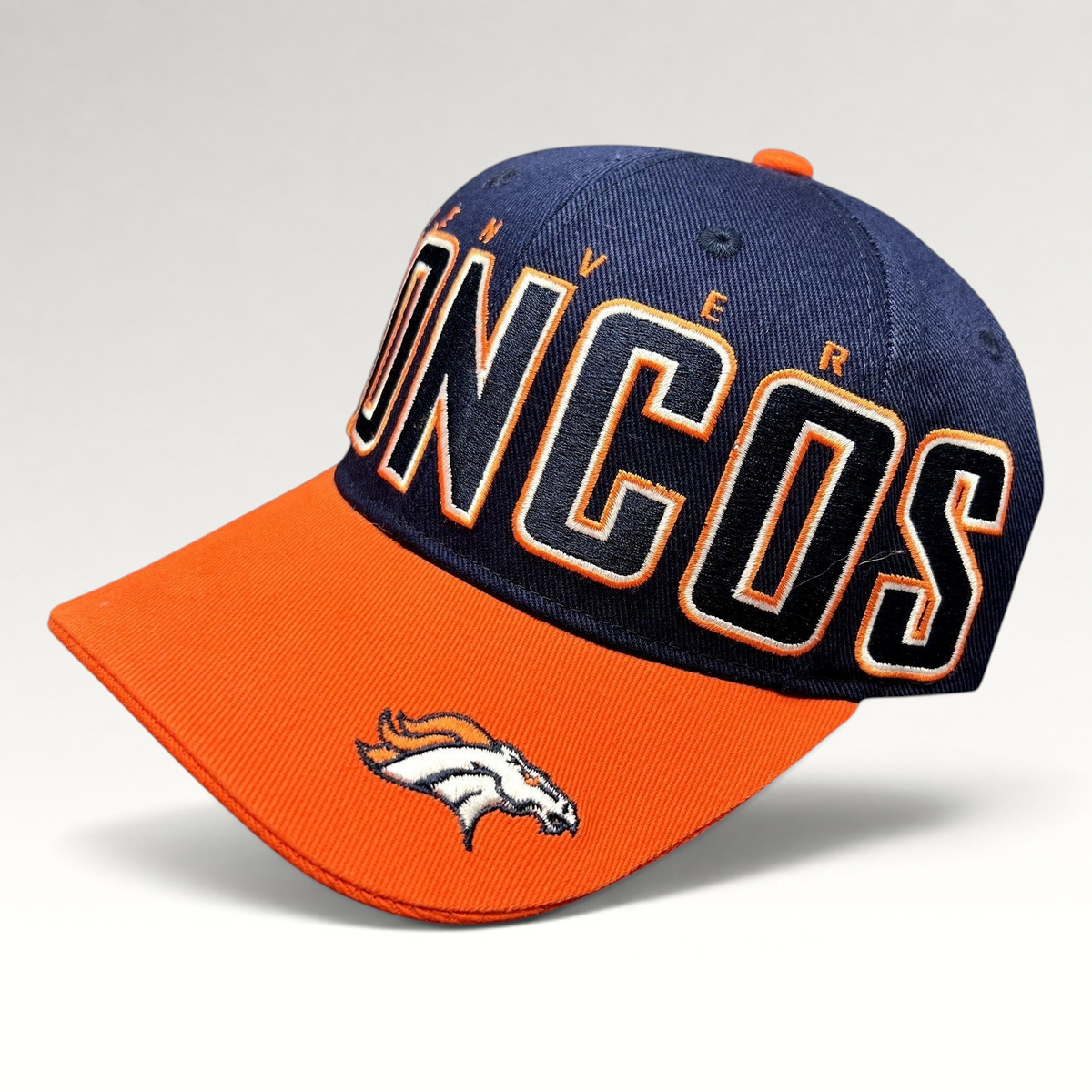 Raree Finds NWT Reebok Denver Broncos navy and orange cotton twill strapback hat with oversized front embroidery.
