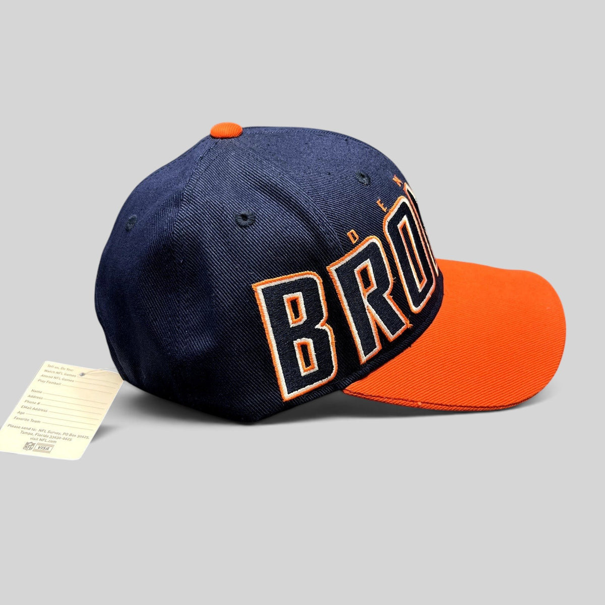 Raree Finds navy and orange Denver Broncos strapback hat with oversized embroidered logo and curved brim