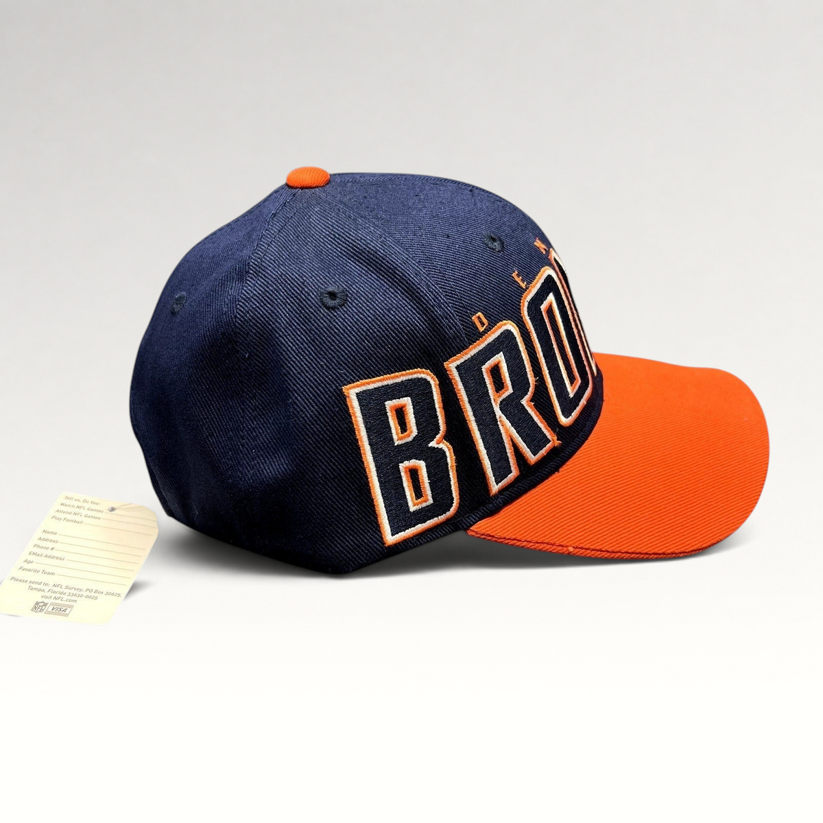 Raree Finds navy and orange Denver Broncos strapback hat with oversized embroidered logo and curved brim