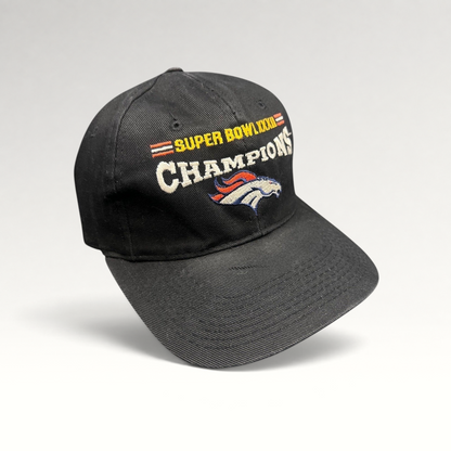 Raree Finds vintage 1998 Denver Broncos Super Bowl XXXII Champions black cotton strapback hat with embroidery.