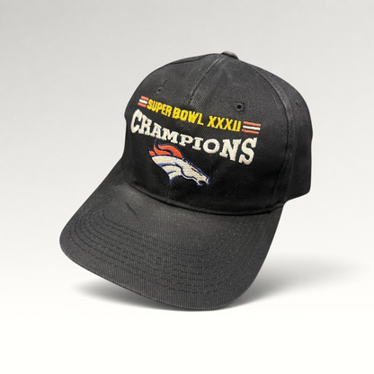 Raree Finds vintage 1998 Denver Broncos Super Bowl XXXII Champions black cotton strapback hat with embroidery