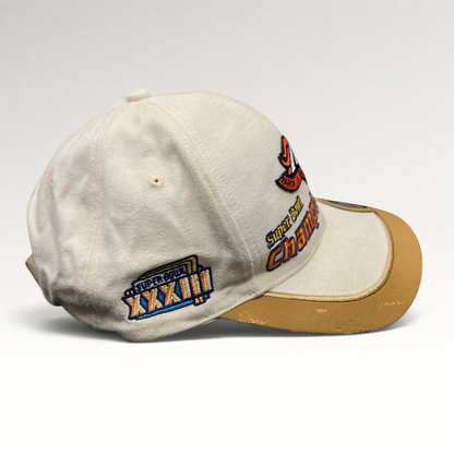 Raree Finds vintage Denver Broncos Super Bowl XXXII snapback hat in white with tan brim and championship embroidery.