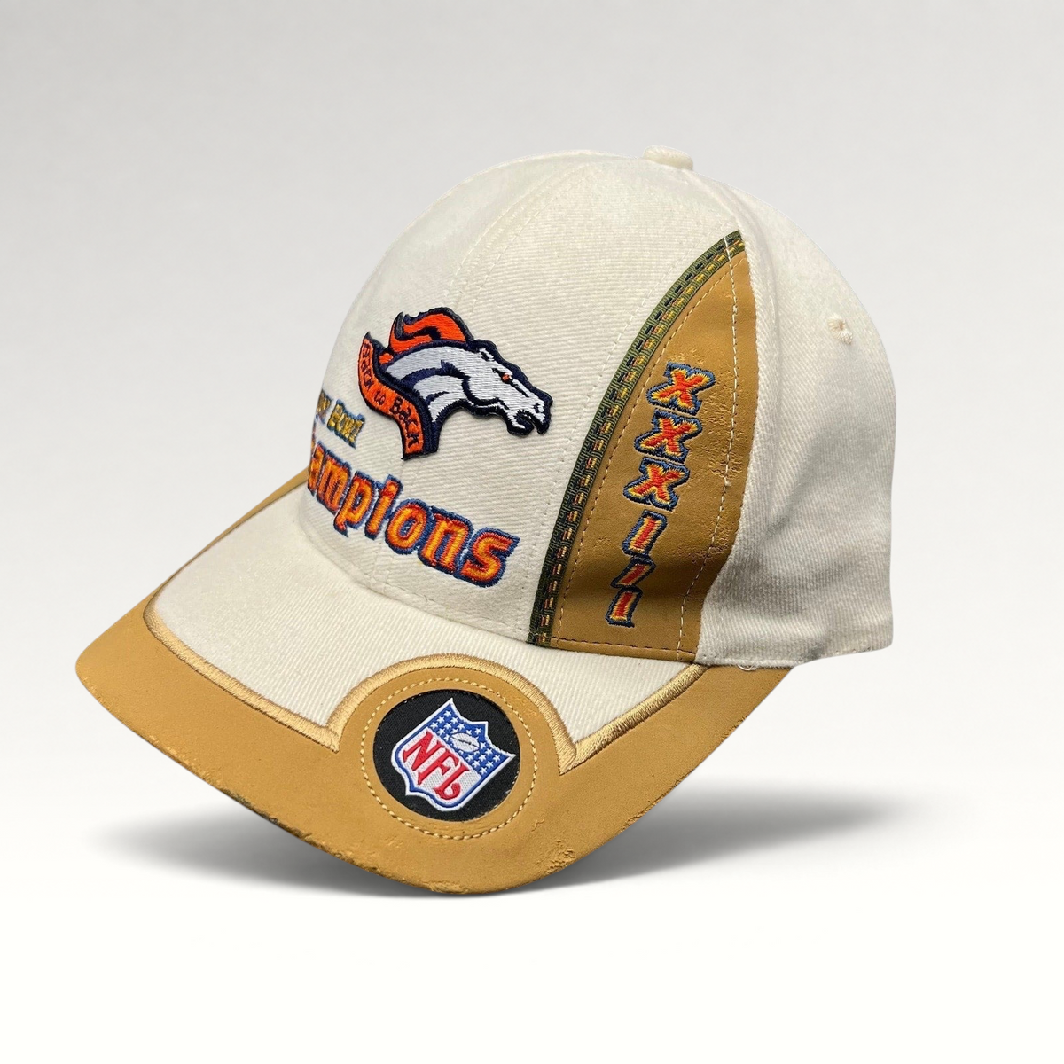 Raree Finds vintage Denver Broncos Super Bowl XXXII snapback hat with embroidered logo and tan accent paneling