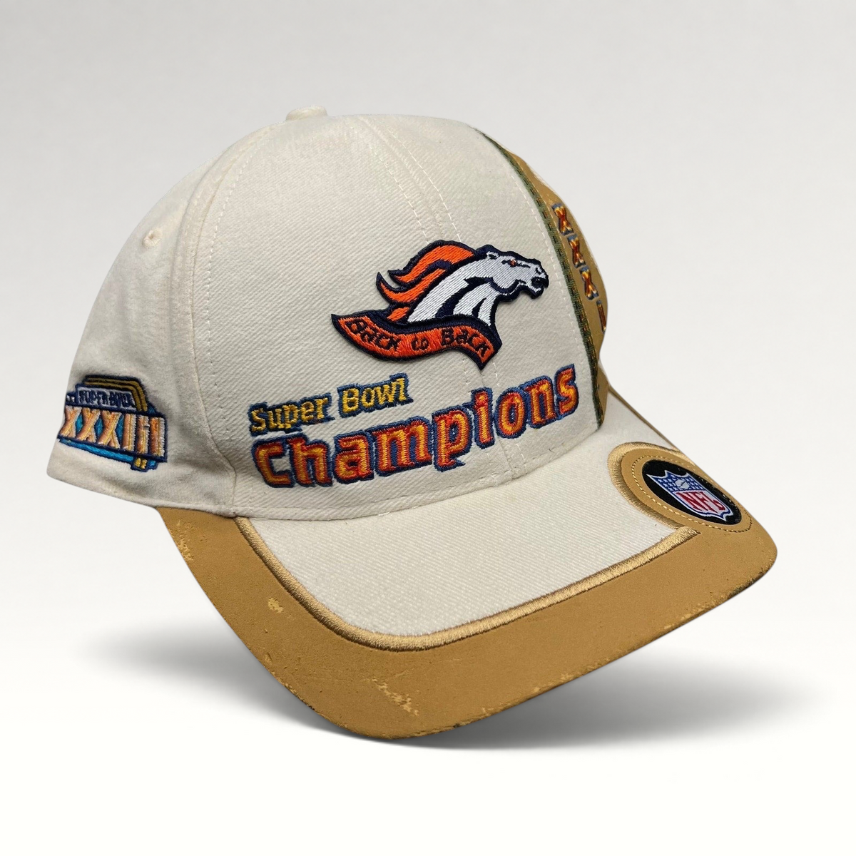 Raree Finds vintage Denver Broncos Super Bowl XXXII Champions snapback hat with tan brim and embroidered team logo