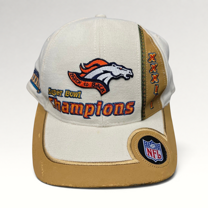 Raree Finds vintage Denver Broncos Super Bowl XXXII Champions snapback hat with white crown and tan brim details.