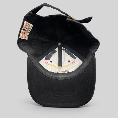 Raree Finds vintage 1998 Denver Broncos Super Bowl XXXII black cotton strapback hat with interior Headmaster tag