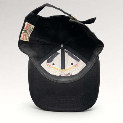 Raree Finds vintage 1998 Denver Broncos Super Bowl XXXII black cotton strapback hat with interior Headmaster tag