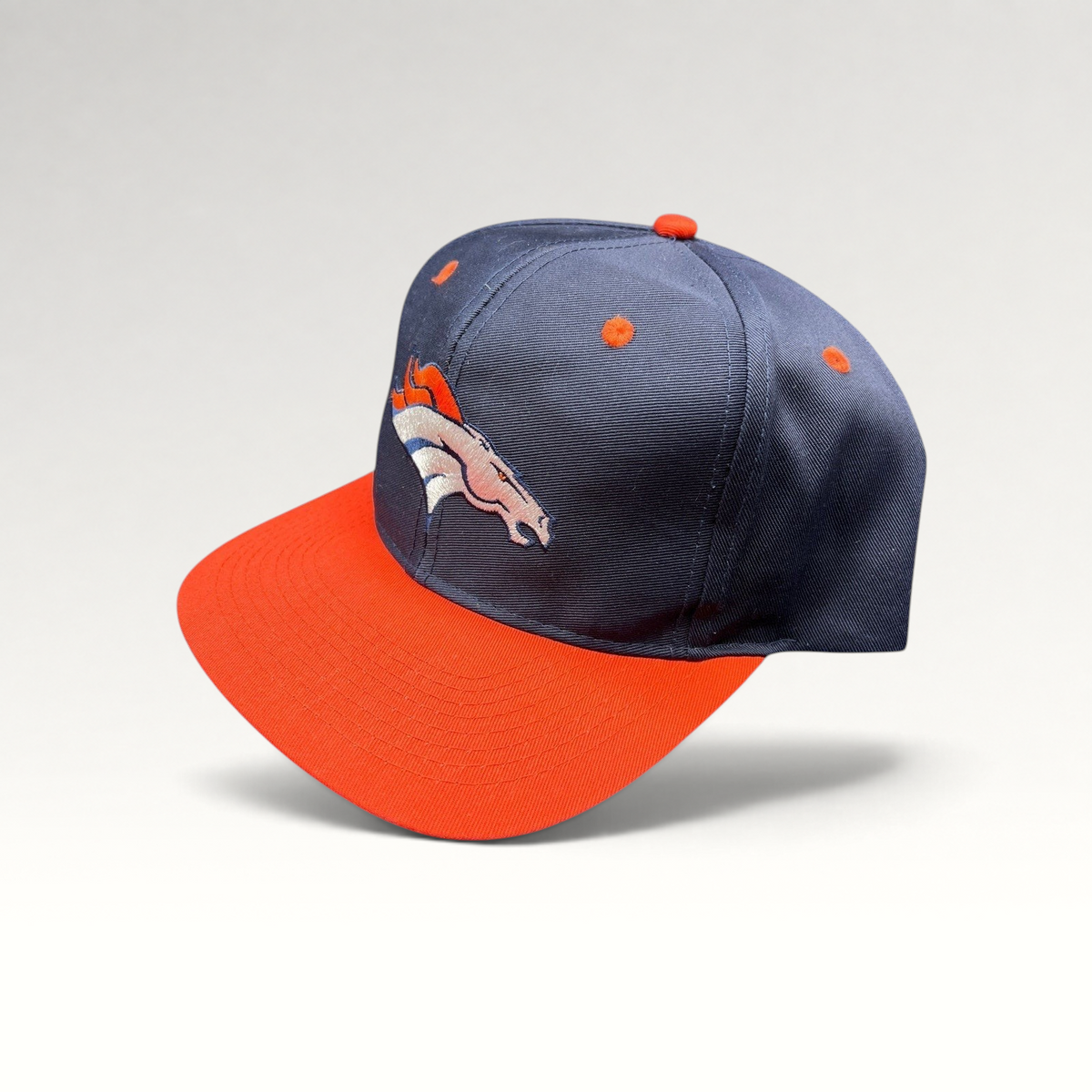 Raree Finds vintage Denver Broncos Logo Athletic snapback hat in navy blue and orange with embroidered team logo