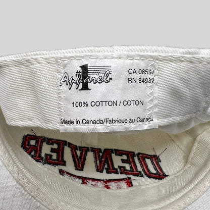 Raree Finds vintage Denver Hockey snapback interior label showing 100% cotton and Made in Canada manufacturing details