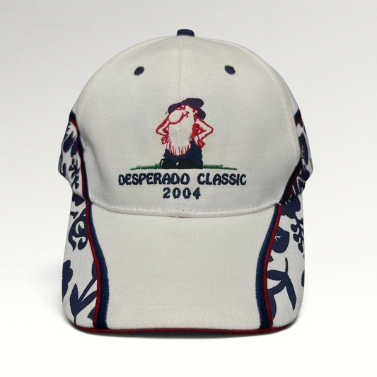 Raree Finds 2004 Desperado Golf Classic white cotton strapback hat with western embroidered logo and patterned panels