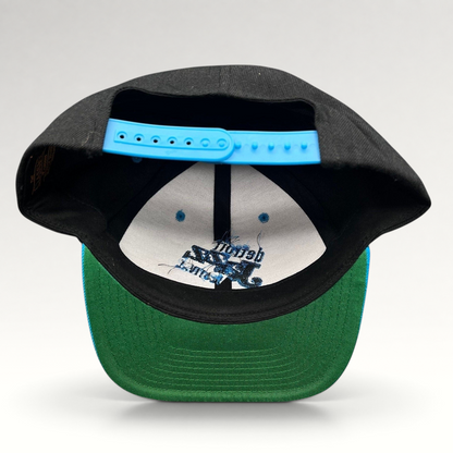 Raree Finds vintage Detroit Jazz Festival Yupoong snapback hat with black crown, teal brim, and blue plastic strap.