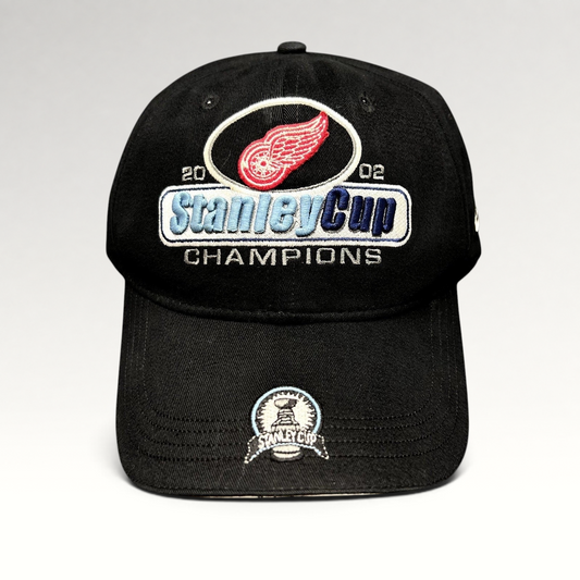 Raree Finds vintage 2002 Detroit Red Wings Stanley Cup Champions black New Era strapback hat with brim embroidery