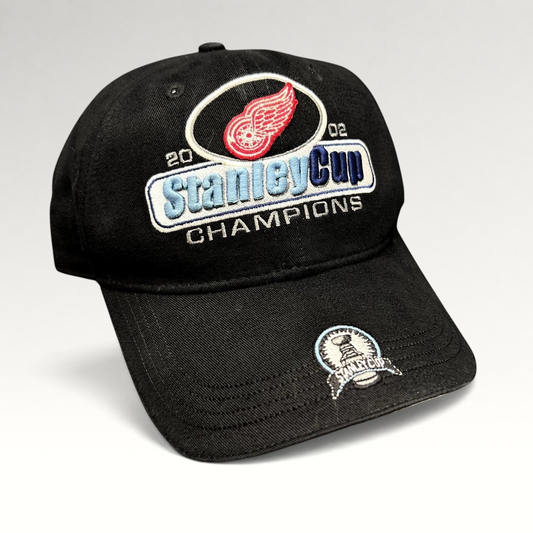 Raree Finds vintage 2002 Detroit Red Wings Stanley Cup Champions black strapback hat with embroidered brim patch