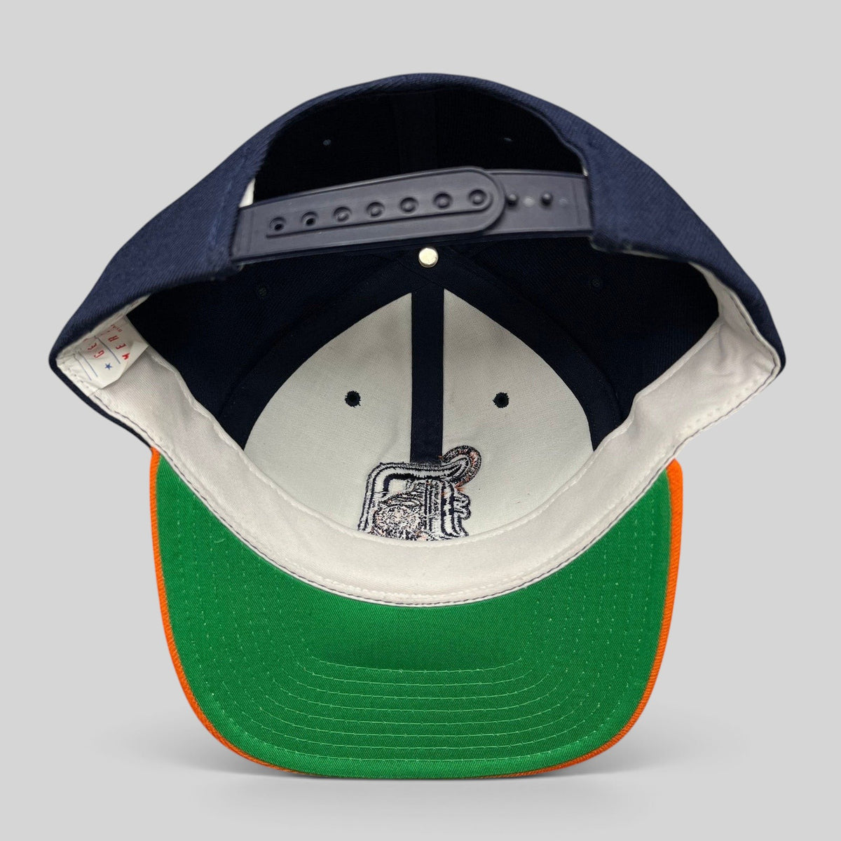 Raree Finds vintage American Needle Detroit Tigers wool snapback hat showing the interior green undervisor and logo