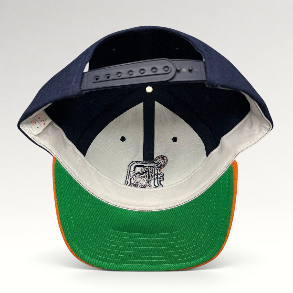 Raree Finds vintage American Needle Detroit Tigers wool snapback hat showing the interior green undervisor and logo