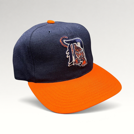 Raree Finds vintage American Needle Detroit Tigers wool snapback hat with navy crown, orange brim, and tiger logo.