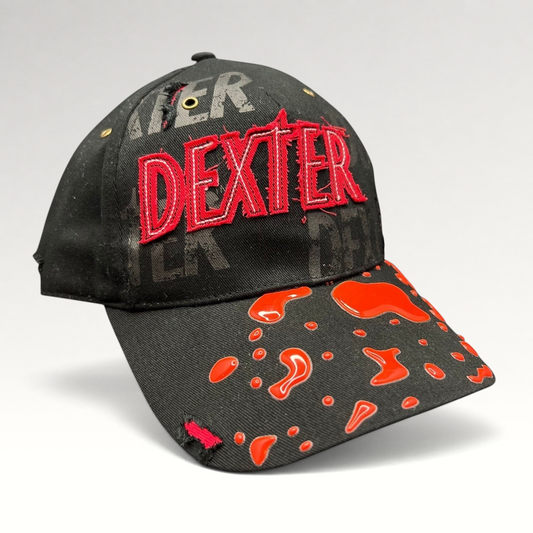 Raree Finds Dexter Showtime cast and crew promo hat in black with red embroidered logo and blood splatter brim detail