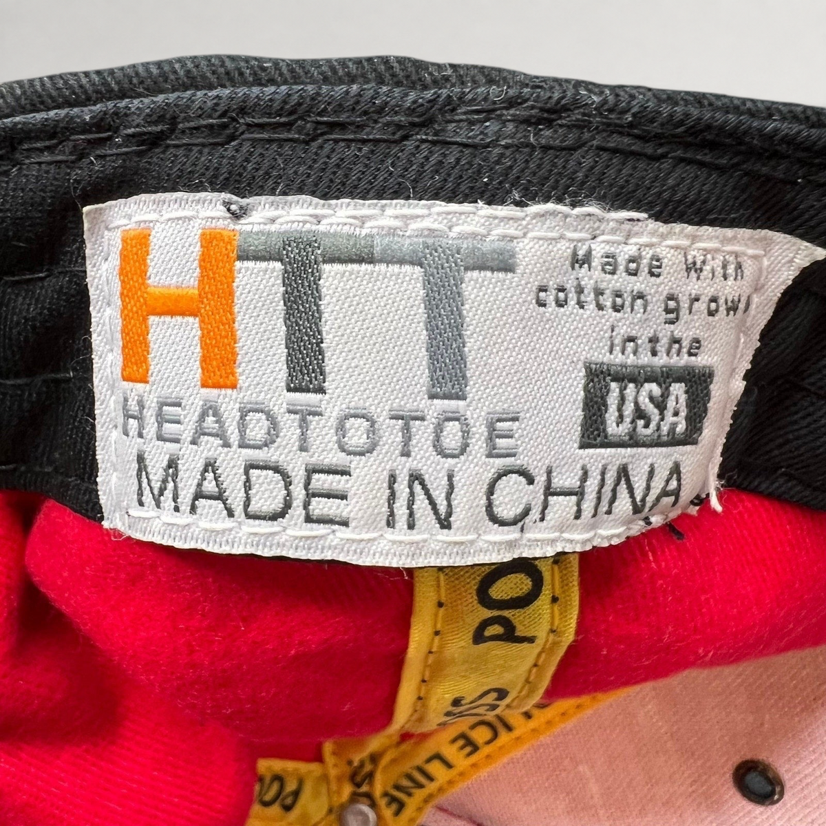 Raree Finds Dexter Showtime cast and crew hat interior label showing Head To Toe branding and USA cotton origin