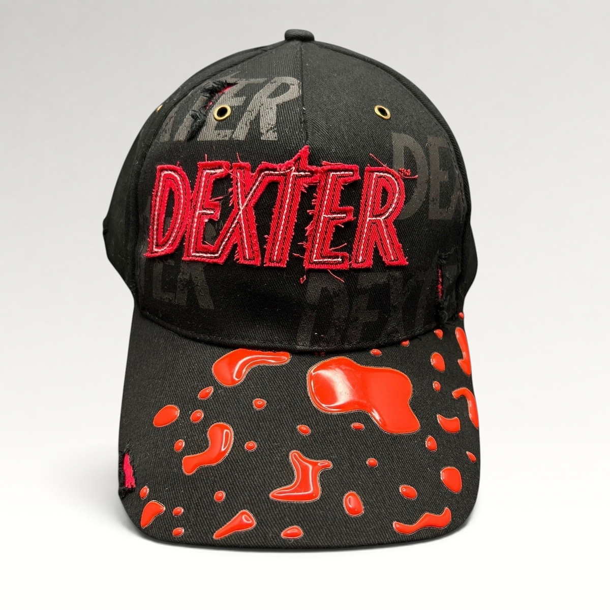 Raree Finds Dexter Showtime cast and crew promo hat in black with red embroidered logo and glossy blood splatter brim