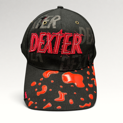 Raree Finds Dexter Showtime cast and crew promo hat in black with red embroidered logo and glossy blood splatter brim
