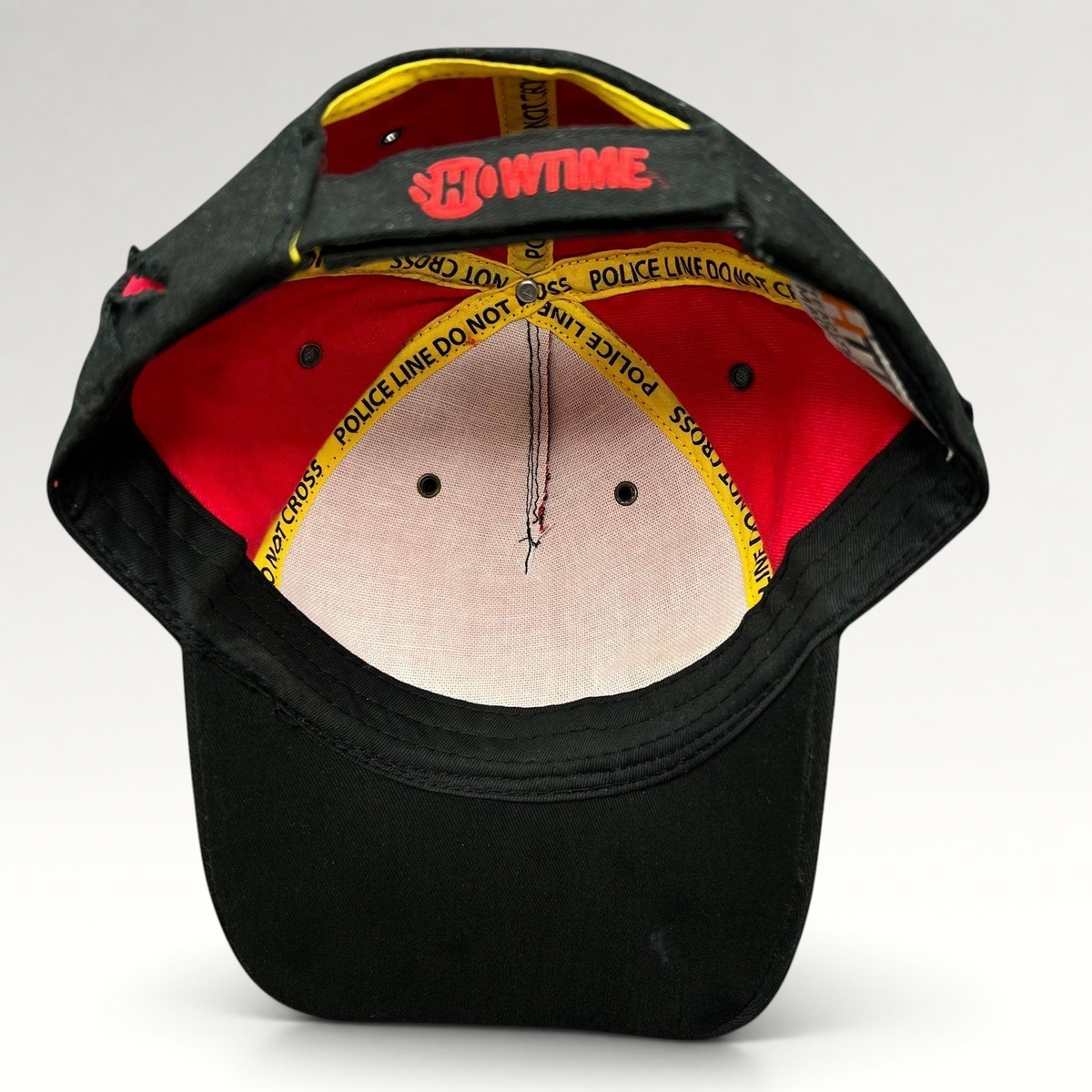 Raree Finds Dexter Showtime cast and crew strapback hat with police line interior taping and red logo embroidery