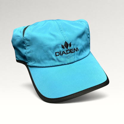 Raree Finds Diadem blue lightweight polyester performance running hat with black trim and embroidered front logo
