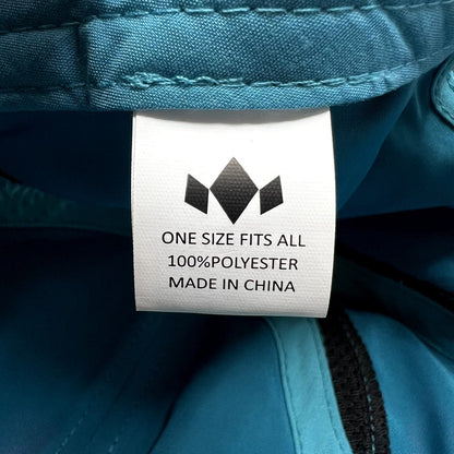 Raree Finds Diadem performance hat interior label showing 100 percent polyester material and one size fits all sizing