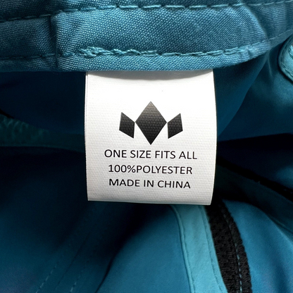 Raree Finds Diadem performance hat interior tag showing 100% polyester material and one size fits all sizing