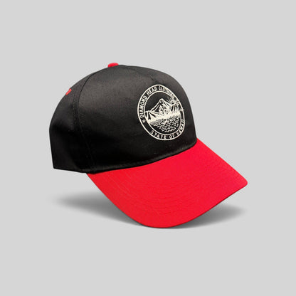 Raree Finds Diamond Head Clothing Co. black and red snapback hat with embroidered Hawaii circular patch