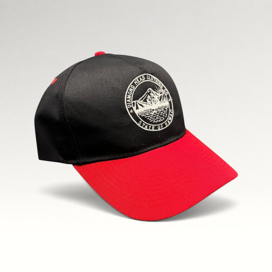 Raree Finds Diamond Head Clothing Co. black and red snapback hat with embroidered Hawaii circular patch