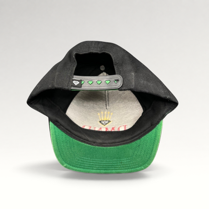 Raree Finds vintage Diamond Supply Co. black snapback hat with green underbrim and crown logo snapback closure